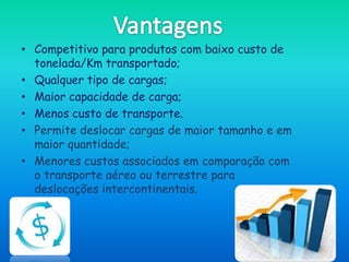 • Competitivo para produtos com baixo custo de
  tonelada/Km transportado;
• Qualquer tipo de cargas;
• Maior capacidade de carga;
• Menos custo de transporte.
• Permite deslocar cargas de maior tamanho e em
  maior quantidade;
• Menores custos associados em comparação com
  o transporte aéreo ou terrestre para
  deslocações intercontinentais.
 