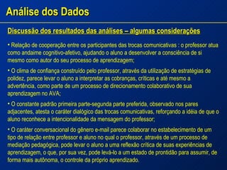Análise dos Dados Discussão dos resultados das análises – algumas considerações Relação de cooperação entre os participantes das trocas comunicativas : o professor atua como andaime cognitivo-afetivo, ajudando o aluno a desenvolver a consciência de si mesmo como autor do seu processo de aprendizagem; O clima de confiança construído pelo professor, através da utilização de estratégias de polidez, parece levar o aluno a interpretar as cobranças, críticas e até mesmo a advertência, como parte de um processo de direcionamento colaborativo de sua aprendizagem no AVA; O constante padrão primeira parte-segunda parte preferida, observado nos pares adjacentes, atesta o caráter dialógico das trocas comunicativas, reforçando a idéia de que o aluno reconhece a intencionalidade da mensagem do professor; O caráter conversacional do gênero e-mail parece colaborar no estabelecimento de um tipo de relação entre professor e aluno no qual o professor, através de um processo de mediação pedagógica, pode levar o aluno a uma reflexão crítica de suas experiências de aprendizagem, o que, por sua vez, pode levá-lo a um estado de prontidão para assumir, de forma mais autônoma, o controle da próprio aprendizado. 