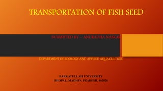 TRANSPORTATION OF FISH SEED
SUBMITTED BY – ANURADHA NASKAR
DEPARTMENT OF ZOOLOGY AND APPLIED AQUACULTURE
BARKATULLAH UNIVERSITY
BHOPAL, MADHYA PRADESH, 462026
 