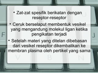 

Zat-zat spesifik berikatan dengan
reseptor-reseptor

Ceruk berselaput membentuk vesikel
yang mengandung molekul ligan ketika
pengikatan terjadi



Setelah materi yang ditelan dibebasan
dari vesikel reseptor dikembalikan ke
membran plasma oleh pertikel yang sama


 