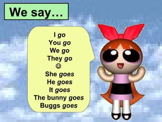 I  go You  go We  go They  go  She  goes He  goes It  goes The bunny  goes Buggs  goes We say… 