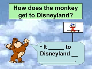 How does the monkey get to Disneyland? It _____ to Disneyland __  ___________. 