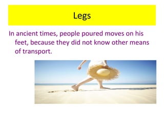 Legs I n ancient times, people poured moves on his feet ,  because they did not know other means of transport . 