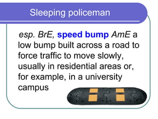 Sleeping policeman

esp. BrE, speed bump AmE a
low bump built across a road to
force traffic to move slowly,
usually in residential areas or,
for example, in a university
campus
 