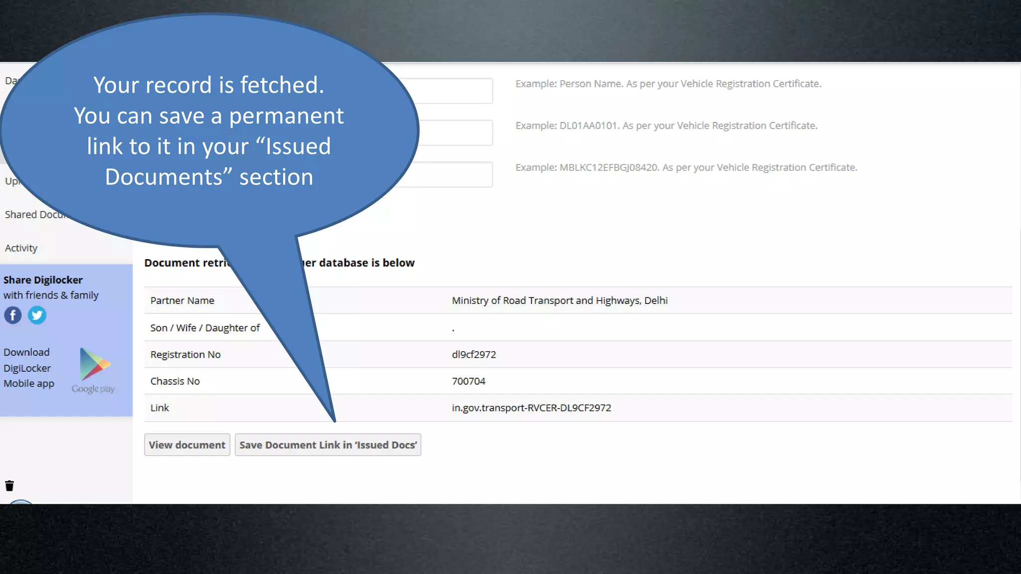 Your record is fetched.
You can save a permanent
link to it in your “Issued
Documents” section
 