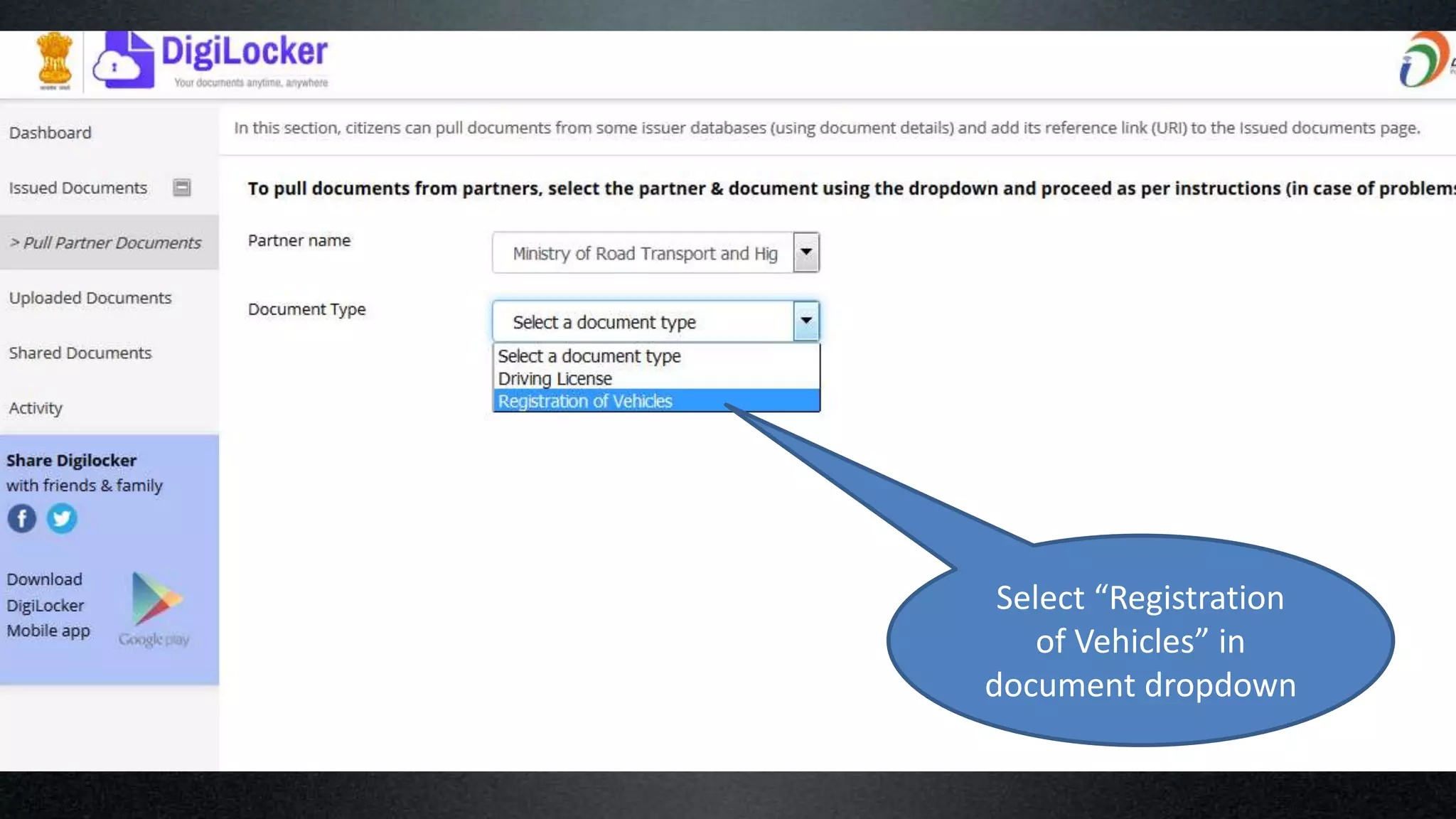 Select “Registration
of Vehicles” in
document dropdown
 