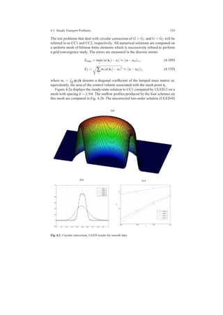 4.3 Steady Transport Problems 159
The test problems that deal with circular convection of G = G1 and G = G2 will be
referred to as CC1 and CC2, respectively. All numerical solutions are computed on
a uniform mesh of bilinear ﬁnite elements which is successively reﬁned to perform
a grid convergence study. The errors are measured in the discrete norms
Emax = max
i
|u(xi)−ui| ≈ ||u−uh||∞, (4.109)
E2 = ∑
i
mi|u(xi)−ui|2 ≈ ||u−uh||2, (4.110)
where mi = Ω ϕi dx denotes a diagonal coefﬁcient of the lumped mass matrix or,
equivalently, the area of the control volume associated with the mesh point xi.
Figure 4.2a displays the steady-state solution to CC1 computed by ULED-2 on a
mesh with spacing h = 1/64. The outﬂow proﬁles produced by the four schemes on
this mesh are compared in Fig. 4.2b. The uncorrected low-order solution (ULED-0)
(a)
(b)
0 0.1 0.2 0.3 0.4 0.5 0.6 0.7 0.8 0.9 1
−0.2
0
0.2
0.4
0.6
0.8
1
1.2
Exact
ULED−0
ULED−1
ULED−2
ULED−3
(c)
1/256 1/128 1/64 1/32
10
−2
10
−1
h
E
2
ULED−0
ULED−1
ULED−2
ULED−3
Fig. 4.2 Circular convection, ULED results for smooth data.
 