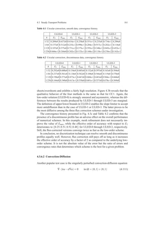 4.3 Steady Transport Problems 161
Table 4.1 Circular convection, smooth data, convergence history.
ULED-0 ULED-1 ULED-2 ULED-3
h E2 Emax E2 Emax E2 Emax E2 Emax
1/32 0.209e0 0.637e0 0.616e-1 0.258e0 0.551e-1 0.235e0 0.734e-1 0.296e0
1/64 0.157e0 0.512e0 0.235e-1 0.998e-1 0.204e-1 0.917e-1 0.282e-1 0.118e0
1/128 0.107e0 0.375e0 0.731e-2 0.375e-1 0.595e-2 0.340e-1 0.845e-2 0.452e-1
1/256 0.666e-1 0.244e0 0.242e-2 0.132e-1 0.160e-2 0.118e-1 0.236e-2 0.162e-1
Table 4.2 Circular convection, discontinuous data, convergence history.
ULED-0 ULED-1 ULED-2 ULED-3
h E2 Emax E2 Emax E2 Emax E2 Emax
1/32 0.292e0 0.600e0 0.154e0 0.605e0 0.152e0 0.597e0 0.163e0 0.584e0
1/64 0.237e0 0.561e0 0.110e0 0.562e0 0.108e0 0.566e0 0.119e0 0.570e0
1/128 0.198e0 0.573e0 0.873e-1 0.667e0 0.860e-1 0.683e0 0.944e-1 0.660e0
1/256 0.166e0 0.540e0 0.613e-1 0.550e0 0.601e-1 0.557e0 0.678e-1 0.569e0
shoots/overshoots and exhibits a fairly high resolution. Figure 4.3b reveals that the
qualitative behavior of the four methods is the same as that for CC1. Again, the
low-order solution (ULED-0) is strongly smeared and asymmetric, whereas the dif-
ferences between the results produced by ULED-1 through ULED-3 are marginal.
The deﬁnition of upper/lower bounds in ULED-2 enables the slope limiter to accept
more antidiffusion than in the case of ULED-1 or ULED-3. The latter proves to be
the most diffusive among the three ﬂux correction schemes under investigation.
The convergence history presented in Fig. 4.3c and Table 4.2 conﬁrms that the
presence of a discontinuous proﬁle has an adverse effect on the overall performance
of numerical schemes. In this example, mesh reﬁnement does not necessarily im-
prove the value of Emax, while the effective order of accuracy with respect to E2
deteriorates to {0.25,0.51,0.52,0.48} for ULED-0 through ULED-3, respectively.
Still, the ﬂux-corrected versions converge twice as fast as the low-order scheme.
In conclusion, no discretization technique can resolve smooth and discontinuous
proﬁles equally well. However, ﬂux correction still pays off as long as it increases
the effective order of accuracy by a factor of 2 as compared to the underlying low-
order scheme. It is not the absolute value of the error but the ratio of errors and
convergence rates that determines which scheme is the best for a given problem.
4.3.6.2 Convection-Diffusion
Another popular test case is the singularly perturbed convection-diffusion equation
∇·(vu−ε∇u) = 0 in Ω = (0,1)×(0,1) (4.111)
 