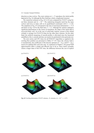 4.4 Unsteady Transport Problems 179
direction as time evolves. The exact solution at t = T reproduces the initial proﬁle
depicted in Fig. 4.6 although the ﬂow ﬁeld has a fairly complicated structure.
The numerical solutions in Fig. 4.9–4.10 were computed by CN-FCT using lin-
ear ﬁnite elements and ∆t = 10−3. The underlying triangular mesh has the same
vertices and twice as many cells as its quadrilateral counterpart with h = 1/128.
The snapshots in Fig. 4.9 correspond to the time of maximum deformation t = T/2
and those in Fig. 4.10 to the ﬁnal time T = 1.5. Although the solution undergoes
signiﬁcant deformations in the course of simulation, the shape of the initial data is
recovered fairly well. As in the case of solid body rotation, erosion of the slotted
cylinder is stronger for CN-FCT-4 than for the other three schemes. On the other
hand, the artiﬁcial steepening of smooth proﬁles is alleviated since the linearized
antidiffusive ﬂux is smooth and does not need to be prelimited in this particular test.
The error norms and CPU times for all FEM-FCT algorithms as applied to the
swirling ﬂow problem are presented in Tables 4.7–4.9. Since the velocity ﬁeld v
is nonstationary, the coefﬁcients of the discrete operators K = {ki j} and D = {di j}
need to be updated after each time step. As explained in Chapter 2, the group FEM
approximation offers a simple and efﬁcient way to do so. Since matrix assembly
claims a larger share of the CPU time, the difference between the cost of explicit
(a) CN-FCT-1 (b) CN-FCT-2
(c) CN-FCT-3 (d) CN-FCT-4
Fig. 4.9 Swirling deformation, CN-FCT schemes, P1 elements, ∆t = 10−3, t = 0.75.
 