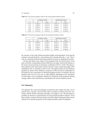 4.6 Summary 195
Table 4.12 TP4: grid convergence study for the unconstrained Galerkin scheme.
triangular meshes quadrilateral meshes
h E2 Emax E2 Emax
1/16 0.101e-2 0.337e-2 0.473e-3 0.167e-2
1/32 0.328e-3 0.133e-2 0.154e-3 0.636e-3
1/64 0.841e-4 0.374e-3 0.426e-4 0.242e-3
1/128 0.211e-4 0.107e-3 0.109e-4 0.514e-4
1/256 0.551e-5 0.351e-4 0.286e-5 0.166e-4
Table 4.13 TP4: grid convergence study for the constrained Galerkin scheme.
triangular meshes quadrilateral meshes
h E2 Emax E2 Emax
1/16 0.244e-2 0.155e-1 0.473e-3 0.167e-2
1/32 0.161e-2 0.187e-1 0.154e-3 0.636e-3
1/64 0.101e-2 0.109e-1 0.426e-4 0.242e-3
1/128 0.281e-3 0.438e-2 0.109e-4 0.514e-4
1/256 0.140e-3 0.214e-2 0.286e-5 0.166e-4
the outcome of the slope limiting procedure highly mesh-dependent. Note that the
solution is smooth along the y-axis and piecewise-smooth along the x−axis. This is
why the constrained and unconstrained solutions coincide on quadrilateral meshes.
On the other hand, some edges of the triangular mesh are directed skew to the
kink so that the corresponding solution differences are large, whereas the distance to
the nearest local maximum or minimum, as deﬁned in (4.87), is small. This places a
heavy burden on the slope limiter which is forced to reject a large percentage of the
antidiffusive ﬂux in accordance with (4.156). The approximation of discontinuous
gradients by means of the standard L2-projection (4.88) can also be responsible for
the relatively slow convergence on distorted triangular meshes. In summary, this test
problem turns out to be very easy or rather difﬁcult, depending on the orientation
of mesh edges. It was included to identify the limitations of the proposed limiting
strategy, discuss their ramiﬁcations, and illustrate the need for further research.
4.6 Summary
The algebraic ﬂux correction paradigm considered in this chapter provides a set of
general rules, concepts, and tools that make it possible to enforce positivity con-
straints and the discrete maximum principle in an adaptive way. The presented al-
gorithms are based on a generalization of classical high-resolution schemes. All of
them exhibit a common structure but the actual ﬂux/slope limiting procedure can be
tailored to the speciﬁc properties of the transport problem under investigation.
 