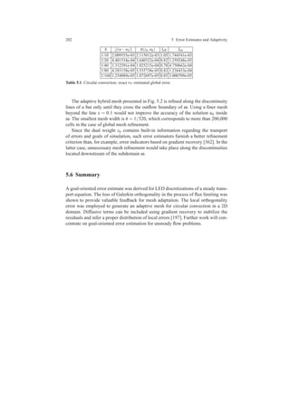 202 5 Error Estimates and Adaptivity
h | j(u−uh)| η(zh,uh) Ieff Irel
1/10 2.009555e-03 2.115012e-03 1.05 1.744541e-03
1/20 4.401534e-04 3.640322e-04 0.82 1.259248e-03
1/40 1.312391e-04 1.025215e-04 0.78 4.750662e-04
1/80 4.283158e-05 3.535738e-05 0.82 1.236433e-04
1/160 1.254089e-05 1.072697e-05 0.85 3.000709e-05
Table 5.1 Circular convection: exact vs. estimated global error.
The adaptive hybrid mesh presented in Fig. 5.2 is reﬁned along the discontinuity
lines of u but only until they cross the outﬂow boundary of ω. Using a ﬁner mesh
beyond the line x = 0.1 would not improve the accuracy of the solution uh inside
ω. The smallest mesh width is h = 1/320, which corresponds to more than 200,000
cells in the case of global mesh reﬁnement.
Since the dual weight zh contains built-in information regarding the transport
of errors and goals of simulation, such error estimators furnish a better reﬁnement
criterion than, for example, error indicators based on gradient recovery [362]. In the
latter case, unnecessary mesh reﬁnement would take place along the discontinuities
located downstream of the subdomain ω.
5.6 Summary
A goal-oriented error estimate was derived for LED discretizations of a steady trans-
port equation. The loss of Galerkin orthogonality in the process of ﬂux limiting was
shown to provide valuable feedback for mesh adaptation. The local orthogonality
error was employed to generate an adaptive mesh for circular convection in a 2D
domain. Diffusive terms can be included using gradient recovery to stabilize the
residuals and infer a proper distribution of local errors [197]. Further work will con-
centrate on goal-oriented error estimation for unsteady ﬂow problems.
 