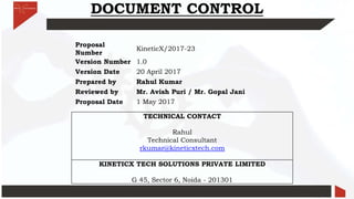 DOCUMENT CONTROL
Proposal
Number
KineticX/2017-23
Version Number 1.0
Version Date 20 April 2017
Prepared by Rahul Kumar
Reviewed by Mr. Avish Puri / Mr. Gopal Jani
Proposal Date 1 May 2017
TECHNICAL CONTACT
Rahul
Technical Consultant
rkumar@kineticxtech.com
KINETICX TECH SOLUTIONS PRIVATE LIMITED
G 45, Sector 6, Noida - 201301
 