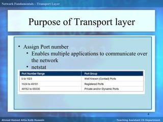 Purpose of Transport layer
4
Ahmed Hamed Attia Kotb Hussein Teaching Assistant CS Department
• Assign Port number
• Enables multiple applications to communicate over
the network
• netstat
Network Fundamentals – Transport Layer
 