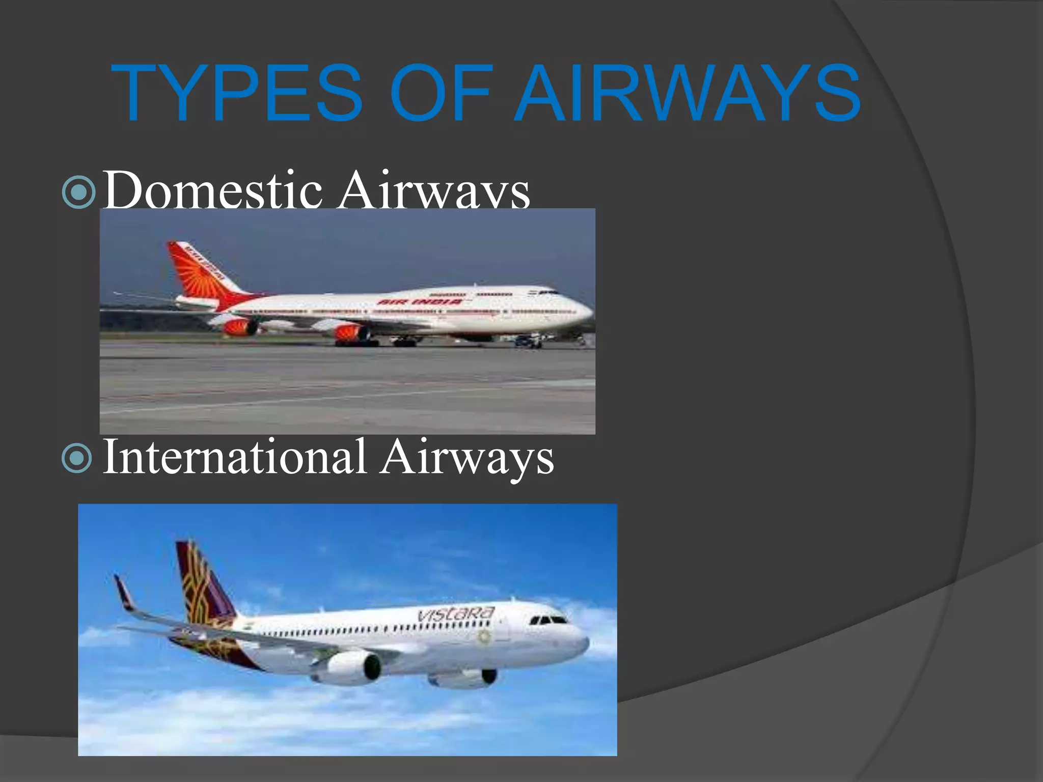 TYPES OF AIRWAYS
Domestic Airways
 International Airways
 