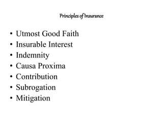 Principles of Insurance
• Utmost Good Faith
• Insurable Interest
• Indemnity
• Causa Proxima
• Contribution
• Subrogation
• Mitigation
 