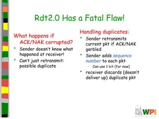 Rdt2.0 Has a Fatal Flaw!
What happens if
ACK/NAK corrupted?
• Sender doesn’t know what
happened at receiver!
• Can’t just ...