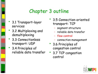 Chapter 3 outline
• 3.1 Transport-layer
services
• 3.2 Multiplexing and
demultiplexing
• 3.3 Connectionless
transport: UDP...
