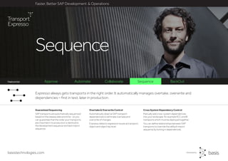 basistechnologies.com
Faster, Better SAP Development & Operations
Feature list
Cross System Dependency Control
Manually add cross-system dependencies
into your landscape, for example ECC and BI
transports which must be deployed together.
You can define relationships between SAP
transports to override the default import
sequence by locking in dependencies.
Overtake & Overwrite Control
Automatically observe SAP transport
dependencies to eliminate overtake and
overwrite of changes.
Expresso detects regression issues at transport,
object and object key level.
Guaranteed Sequencing
SAP transports are automatically sequenced
based on the release date and time - so you
can guarantee that the order your transports
are imported in to production is identical to
the development sequence and test import
sequence.
Expresso always gets transports in the right order. It automatically manages overtake, overwrite and
dependencies – first in test, later in production.
Sequence
Approve Automate Collaborate Sequence BackOutFeature list
 