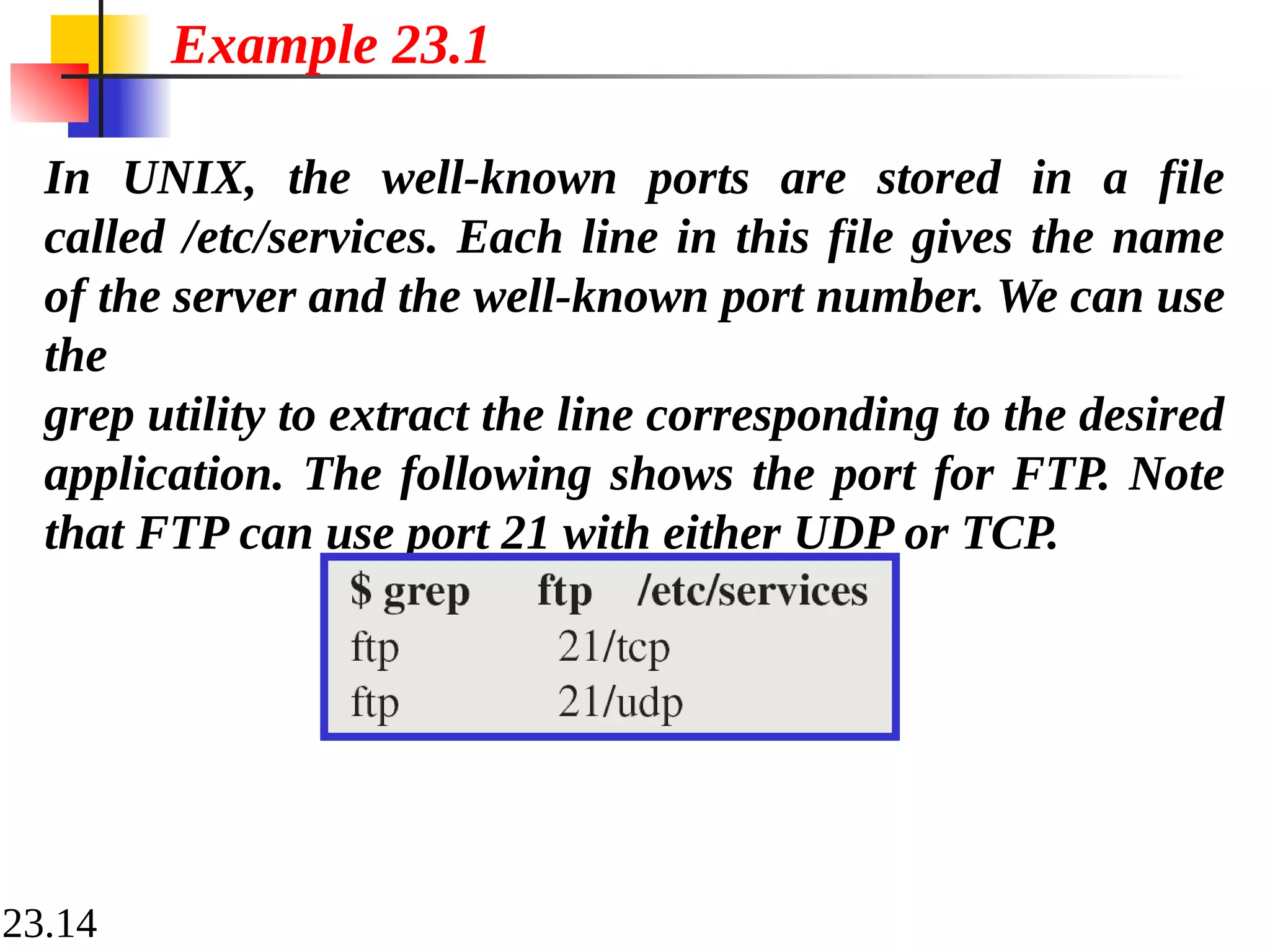 23.14
In UNIX, the well-known ports are stored in a file
called /etc/services. Each line in this file gives the name
of the server and the well-known port number. We can use
the
grep utility to extract the line corresponding to the desired
application. The following shows the port for FTP. Note
that FTP can use port 21 with either UDP or TCP.
Example 23.1
 
