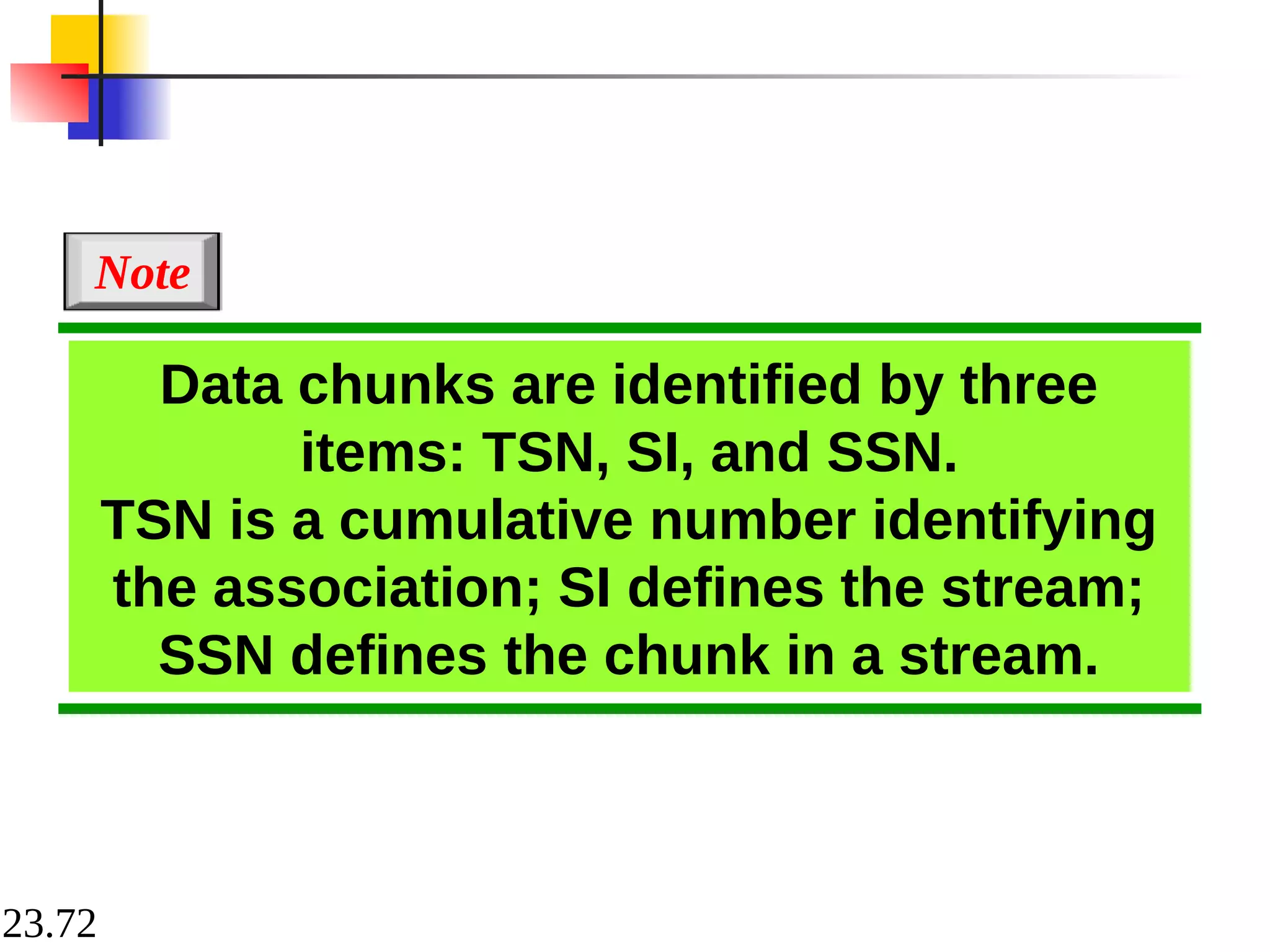 23.72
Data chunks are identified by three
items: TSN, SI, and SSN.
TSN is a cumulative number identifying
the association; SI defines the stream;
SSN defines the chunk in a stream.
Note
 