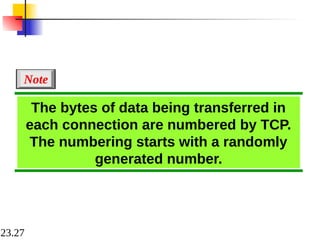 23.27
The bytes of data being transferred in
each connection are numbered by TCP.
The numbering starts with a randomly
generated number.
Note
 