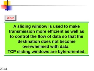 23.44
A sliding window is used to make
transmission more efficient as well as
to control the flow of data so that the
destination does not become
overwhelmed with data.
TCP sliding windows are byte-oriented.
Note
 