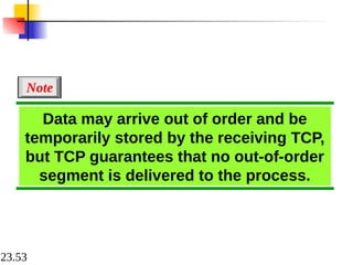 23.53
Data may arrive out of order and be
temporarily stored by the receiving TCP,
but TCP guarantees that no out-of-order
segment is delivered to the process.
Note
 