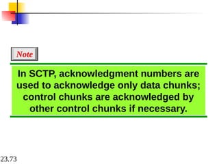 23.73
In SCTP, acknowledgment numbers are
used to acknowledge only data chunks;
control chunks are acknowledged by
other control chunks if necessary.
Note
 