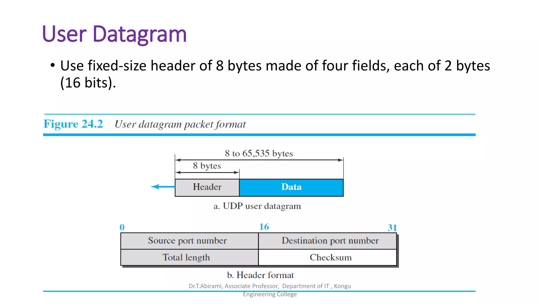 User Datagram
• Use fixed-size header of 8 bytes made of four fields, each of 2 bytes
(16 bits).
Dr.T.Abirami, Associate Professor, Department of IT , Kongu
Engineering College
 