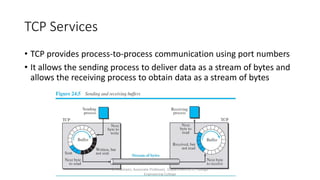 TCP Services
• TCP provides process-to-process communication using port numbers
• It allows the sending process to deliver data as a stream of bytes and
allows the receiving process to obtain data as a stream of bytes
Dr.T.Abirami, Associate Professor, Department of IT , Kongu
Engineering College
 