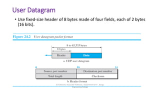 User Datagram
• Use fixed-size header of 8 bytes made of four fields, each of 2 bytes
(16 bits).
Dr.T.Abirami, Associate Professor, Department of IT , Kongu
Engineering College
 