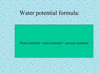 Water potential formula: Water potential= solute potential + pressure potential 