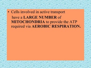 Cells involved in active transport  have a  LARGE NUMBER  of  MITOCHONDRIA  to provide the ATP required via  AEROBIC RESPIRATION. 