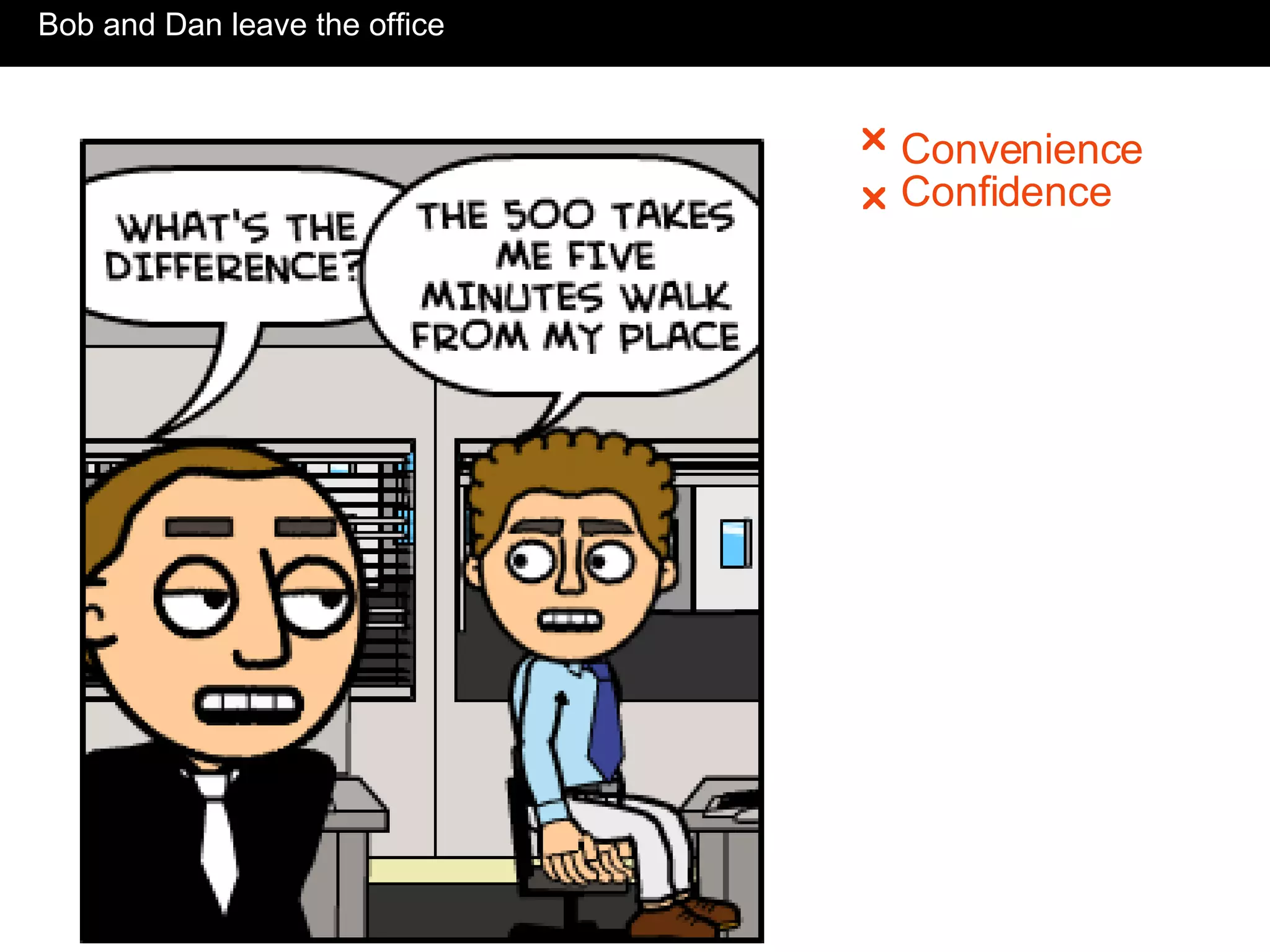 Convenience   Confidence     Bob and Dan leave the office 