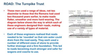 ROAD: The Turnpike Trust
• These men used a range of ideas, not too
dissimilar to those that the Romans had used
two thousand years earlier, to make roads
flatter, smoother and more hard wearing. The
diagram below shows the way in which each of
these engineers designed their roads, making
use of a variety of types of material.
• Each of these engineers realised that roads
needed to be ’rounded’ so that rain water could
drain from the road easily. They each used a
number of different sizes of stone to provide
further drainage and a firm foundation. This led
to roads becoming much stronger and safer for
wagons and coache to use.
 