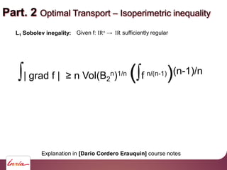 Part. 2 Optimal Transport Isoperimetric inequality
Vol(B2
n)1/n ( f n/(n-1))(n-1)/n
L1 Sobolev inegality: Given f: IRn suf...