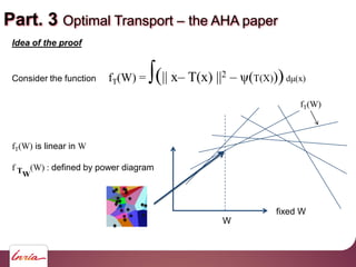 Part. 3 Optimal Transport the AHA paper
Idea of the proof
Consider the function fT(W) = (|| x T(x) ||2 (T(X)))d (x)
fT(W) ...