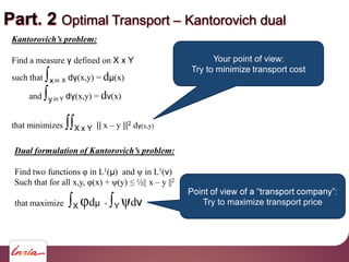 Part. 2 Optimal Transport Kantorovich dual
Find a measure defined on X x Y
such that x in X d (x,y) = d (x)
and y in Y d (...