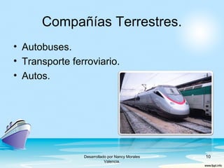 Compañías Terrestres.
• Autobuses.
• Transporte ferroviario.
• Autos.
Desarrollado por Nancy Morales
Valencia.
10
 