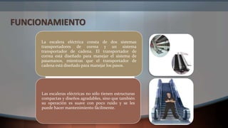 FUNCIONAMIENTO
La escalera eléctrica consta de dos sistemas
transportadores de correa y un sistema
transportador de cadena. El transportador de
correa está diseñado para manejar el sistema de
pasamanos, mientras que el transportador de
cadena está diseñado para manejar los pasos.
Las escaleras eléctricas no sólo tienen estructuras
compactas y diseños agradables, sino que también
su operación es suave con poco ruido y se les
puede hacer mantenimiento fácilmente.
 