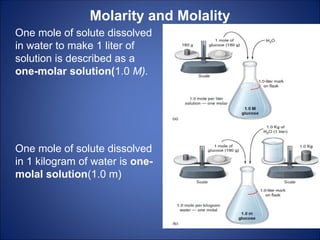 Molarity and Molality
One mole of solute dissolved
in water to make 1 liter of
solution is described as a
one-molar solution(1.0 M).
One mole of solute dissolved
in 1 kilogram of water is one-
molal solution(1.0 m)
 