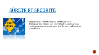 SÛRETE ET SECURITE
Protection de l’aviation civile contre les actes
d’intervention illicite. Cet objectif est réalisé par une
combinaison de mesures ainsi que de moyens humains
et matériels
 