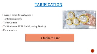 TARIFICATION
1 tonne = 6 m³
Il existe 3 types de tarification :
- Tarification général
- Tarifs Co-rate
- Tarification en ULD (Unit Loading Device)
- Frais annexes
 