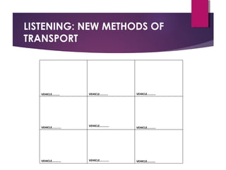 LISTENING: NEW METHODS OF
TRANSPORT
VEHICLE......... VEHICLE.......... VEHICLE..........
VEHICLE...........
VEHICLE...........
VEHICLE..........
VEHICLE…........ VEHICLE........... VEHICLE….......
 