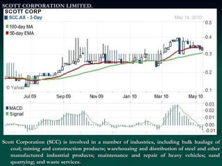 SCOTT CORPORATION LIMITED. Scott Corporation (SCC) is involved in a number of industries, including bulk haulage of coal; mining and construction products; warehousing and distribution of steel and other manufactured industrial products; maintenance and repair of heavy vehicles; sand quarrying; and waste services.  