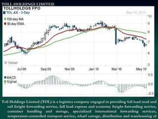 TOLL HOLDINGS LIMITED Toll Holdings Limited (TOL) is a logistics company engaged in providing full load road and rail freight forwarding service, full load express and economy freight forwarding service, container handling and storage, specialized international forwarding services, temperature-controlled transport service, wharf cartage, distribution and warehousing of bulk dry and refrigerated goods, removals and relocation brokerage service, time sensitive parcel freight distribution services, bulk liquid transportation, rail and air passenger operations, ports management and stevedoring services, vehicle transport and distribution and shipping line-haul operations for freight and passengers. 