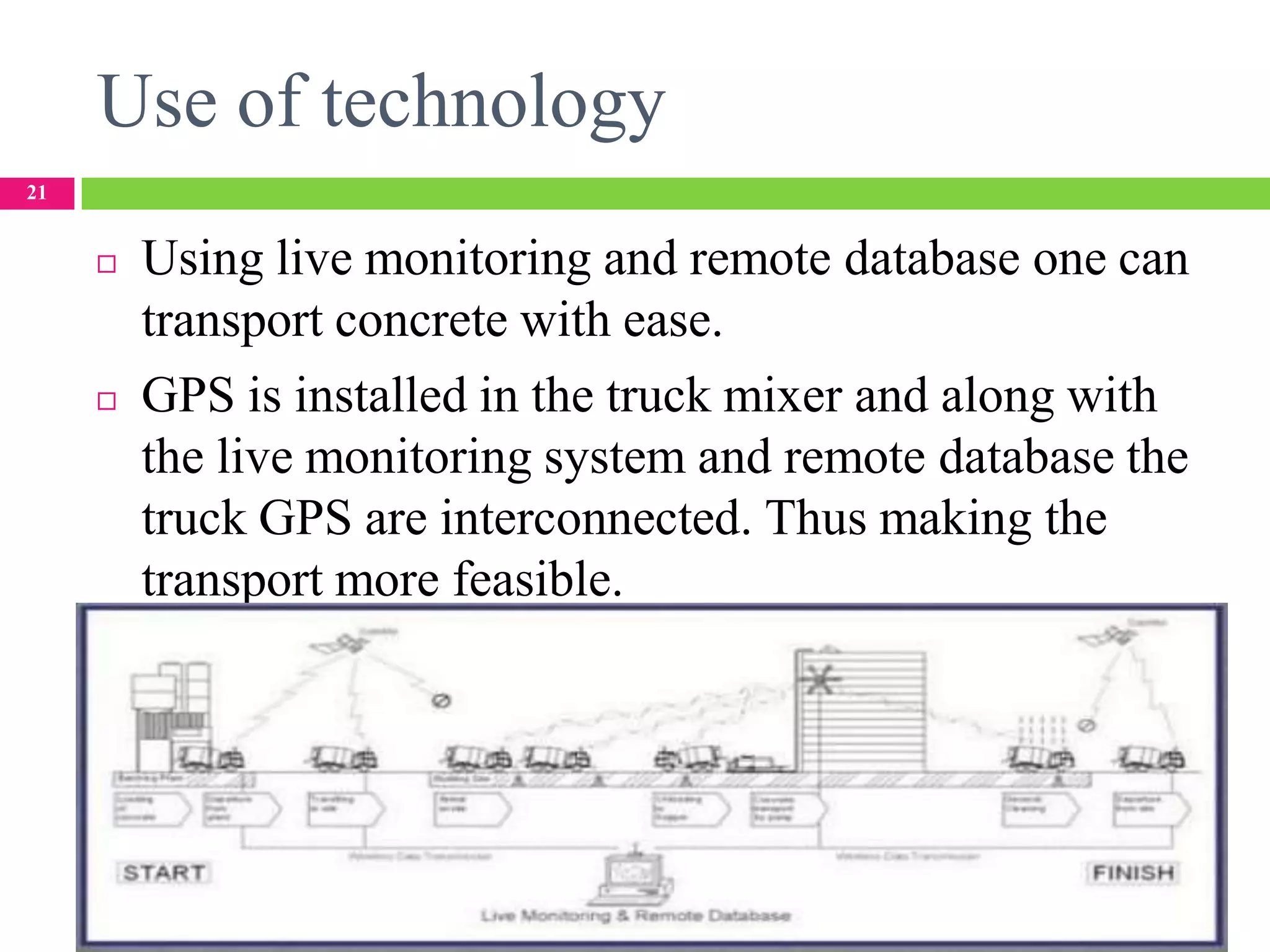 Use of technology
21
◻ Using live monitoring and remote database one can
transport concrete with ease.
◻ GPS is installed in the truck mixer and along with
the live monitoring system and remote database the
truck GPS are interconnected. Thus making the
transport more feasible.
 