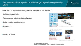 Our concept of transportation will change beyond recognition by
2025
There are four revolutions taking place in transport in this decade .”
 Autonomous vehicles
 Telepresence robots and virtual worlds
 Point to point aerial transport
 Hyperloop
 What's to follow………
Dr Peter Diamandis CEO XPRIZE
Named by Fortune Magazine as one of the World’s 50 Greatest Leaders
 