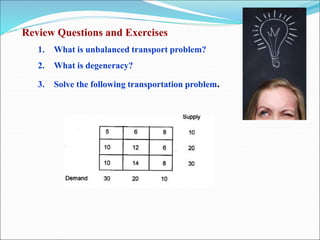 Review Questions and Exercises
1. What is unbalanced transport problem?
2. What is degeneracy?
3. Solve the following transportation problem.
 