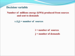i = number of sources
j = number of demands
Decision variable
Number of millions energy (kWh) produced from sources
and sent to demands
x (i,j) = number of sources
 